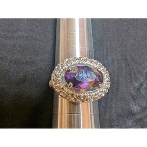 Cocktail Ring Womens 7.5 Purple Gemstone Halo Silver Tone 8.17g